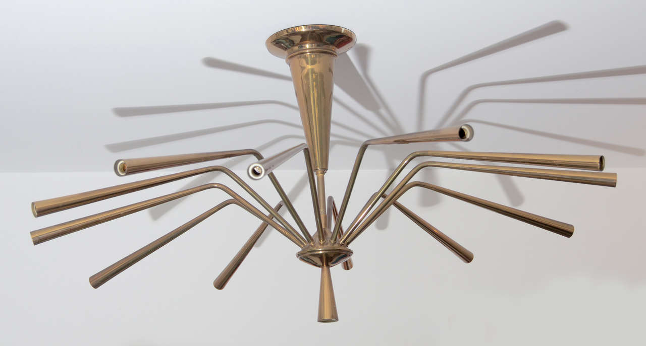Italian Chandelier by Stilnovo
Twelve Brass Bent Arms Connected to Brass Armature