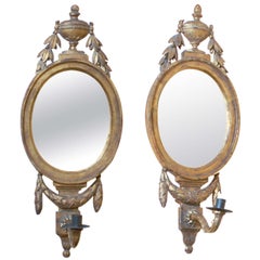 Pair of Louis XVI Style Gilt-Wood Oval Mirrors with Sconces