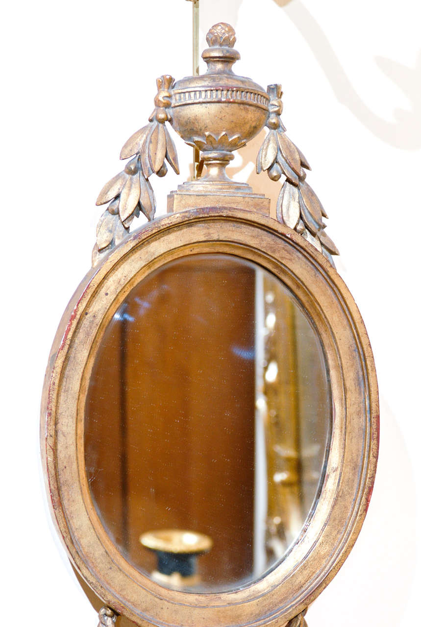 Pair of Louis XVI Style Gilt-Wood Oval Mirrors with Sconces In Good Condition In Atlanta, GA