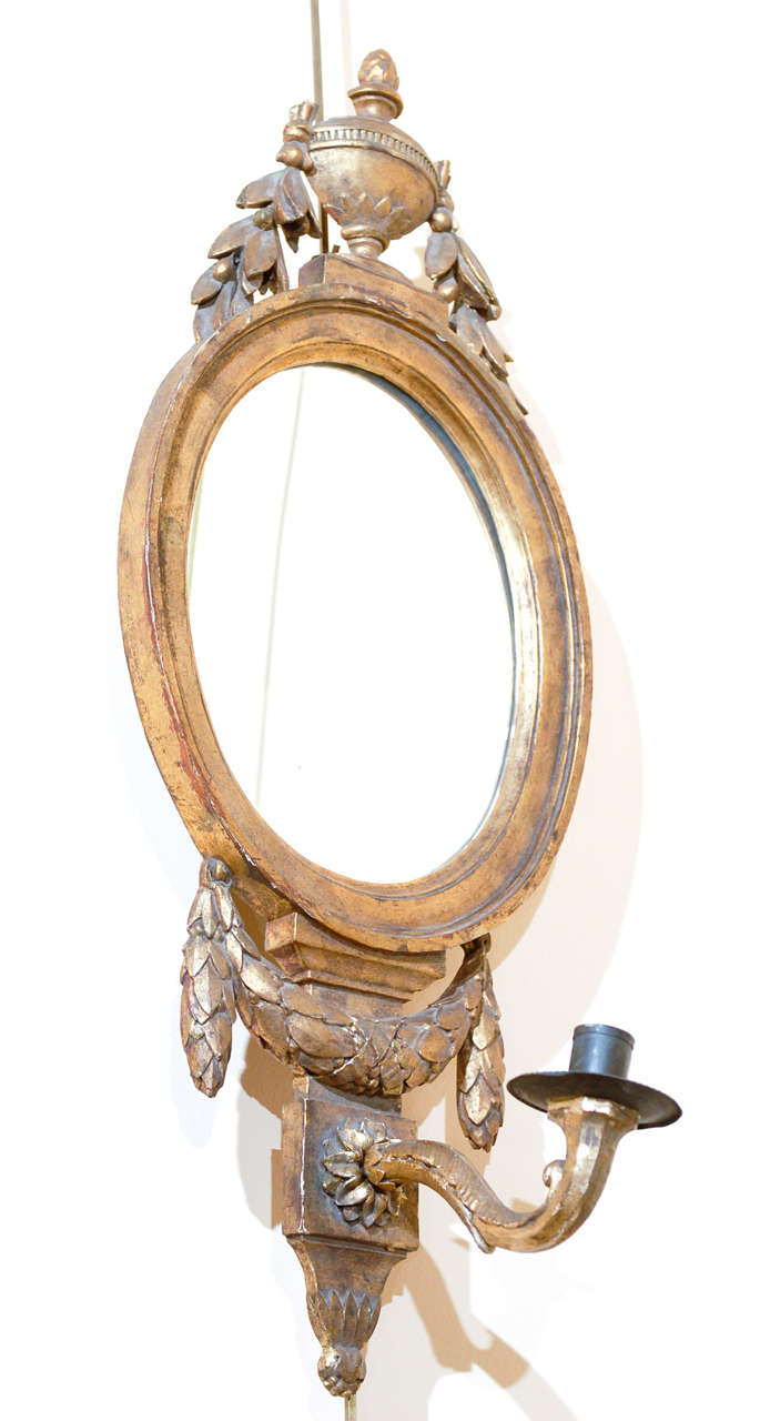 Pair of Louis XVI Style Gilt-Wood Oval Mirrors with Sconces 2
