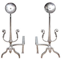 Pair of Mid Century Polished Steel "Moon Flower" Andirons