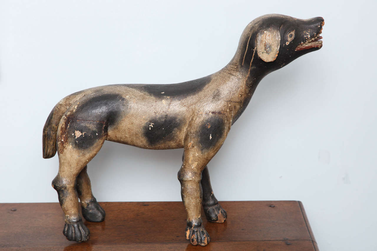Very rare carved and painted wood talbot, a now extinct breed of dog often found in heraldic devices in both England and Ireland, this example in original painted surface and possessing great whimsical charm, Ireland circa 1720.  
Talbots were
