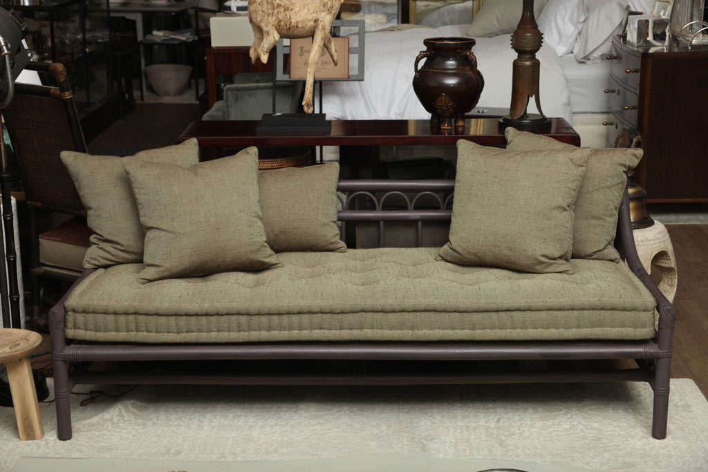 Mahogany painted Henry Olko for Willow & Reed rattan daybed with custom, new cushions in military green Academy Weave from France by Thomas O'Brien for Lee Jofa