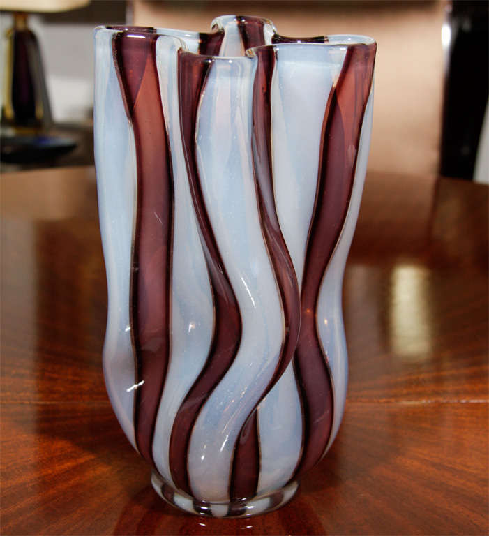 Pale white and aubergine striped glass crumpled-form vase by Ercole Barovier, Italian 1950s.