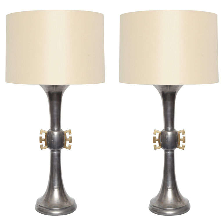 Table Lamps Pair Mid Century Modern brass and pewter 1940's For Sale