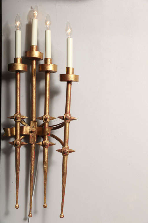 Spanish Pair of Brutalist 1960s Gilt Metal Wall Sconces