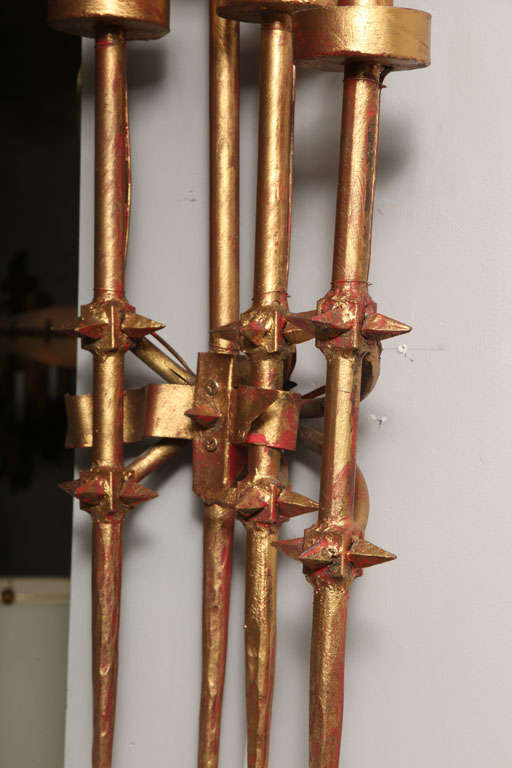 Pair of Brutalist 1960s Gilt Metal Wall Sconces 3