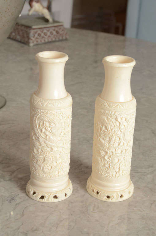 Pair of beautifully hand carved Chinese ivory vases