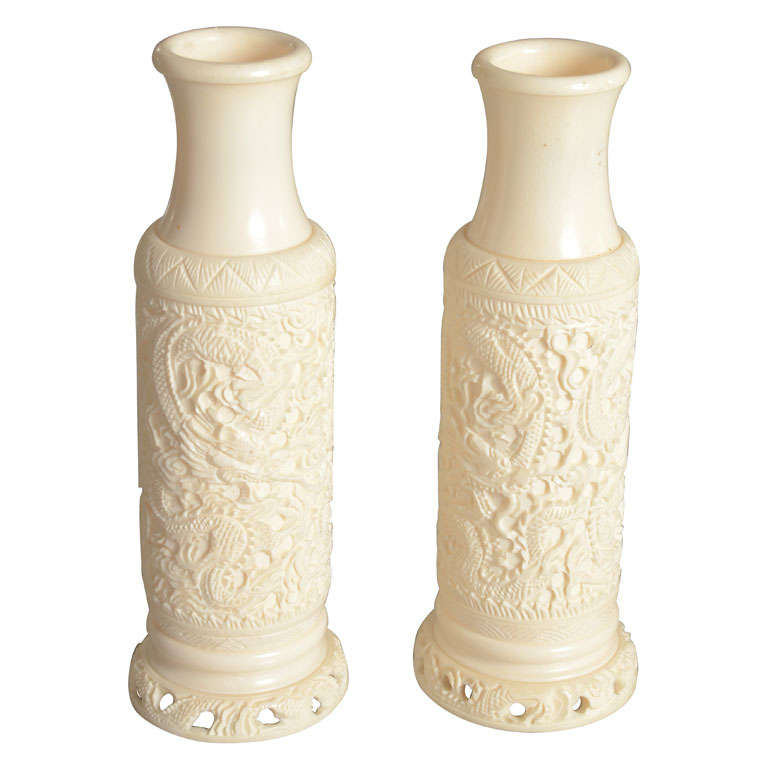 Pair of Hand Carved Chinese Ivory Vases