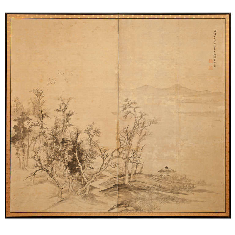 Japanese Two-Panel Screen: Ink Landscape on Silk