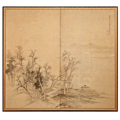 Antique Japanese Two-Panel Screen: Ink Landscape on Silk