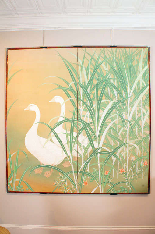 Japanese Screen of Pair of Geese on Pond's Edge In Excellent Condition In Hudson, NY