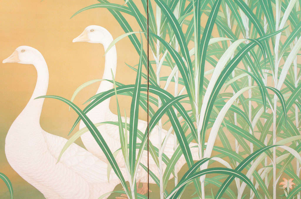 20th Century Japanese Screen of Pair of Geese on Pond's Edge