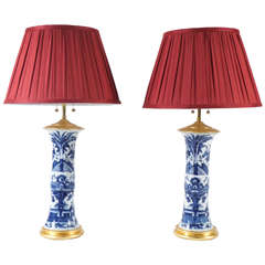 Pair of Blue and White Chinese Export Qianlong Period Gu Vase Table Lamps
