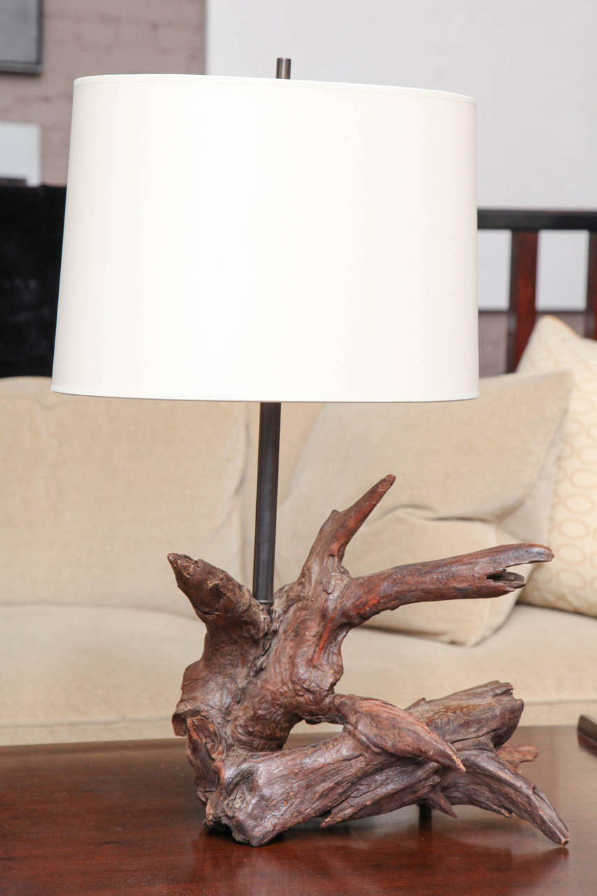 Vintage driftwood table lamp with bronze-finished brass hardware circa 1950