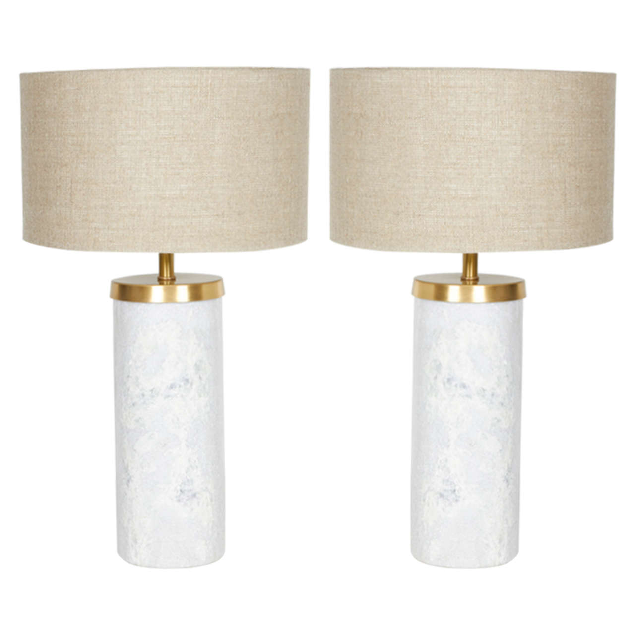 Pair of Solid Marble Cylinder Desk Lamps with Brass Fittings