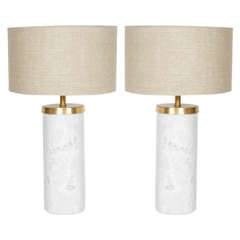 Pair of Solid Marble Cylinder Desk Lamps with Brass Fittings