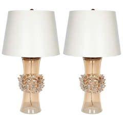 Pair of Exceptional Italian Murano Glass Lamps with Spiked Glass Details