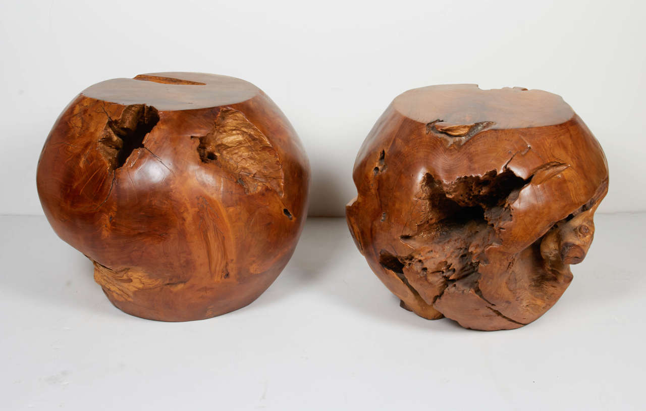 Outstanding pair of organic teak root wood tables with spherical forms. Hand polished and raw combinations with natural recess Formations. Tables feature free-form design with flat tops. Versatile shape and size allows for use as side tables,