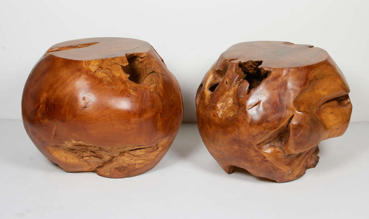 Organic Modern Pair of Organic Teak Wood Side Table Spheres