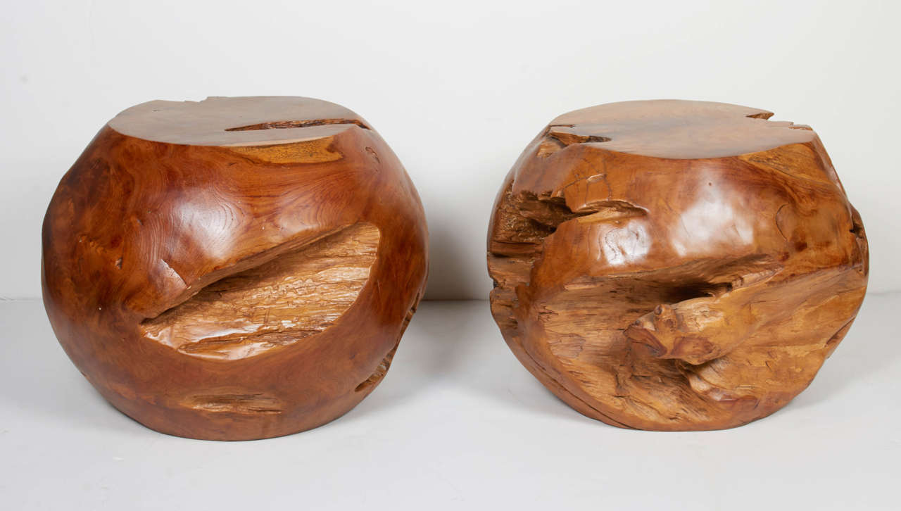 Indonesian Pair of Organic Teak Wood Side Table Spheres