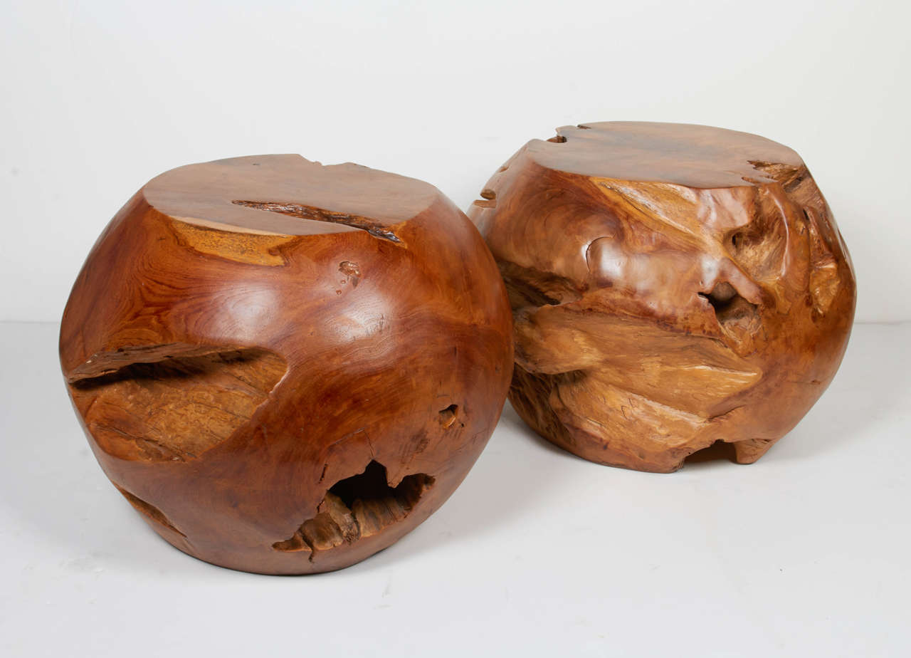 Polished Pair of Organic Teak Wood Side Table Spheres