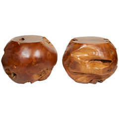 Pair of Organic Teak Wood Side Table Spheres