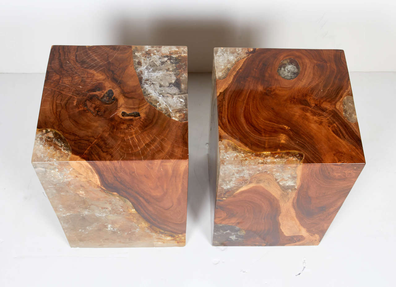 Organic Modern Pair of Modern Organic Teak Wood and Cracked Resin Side Tables