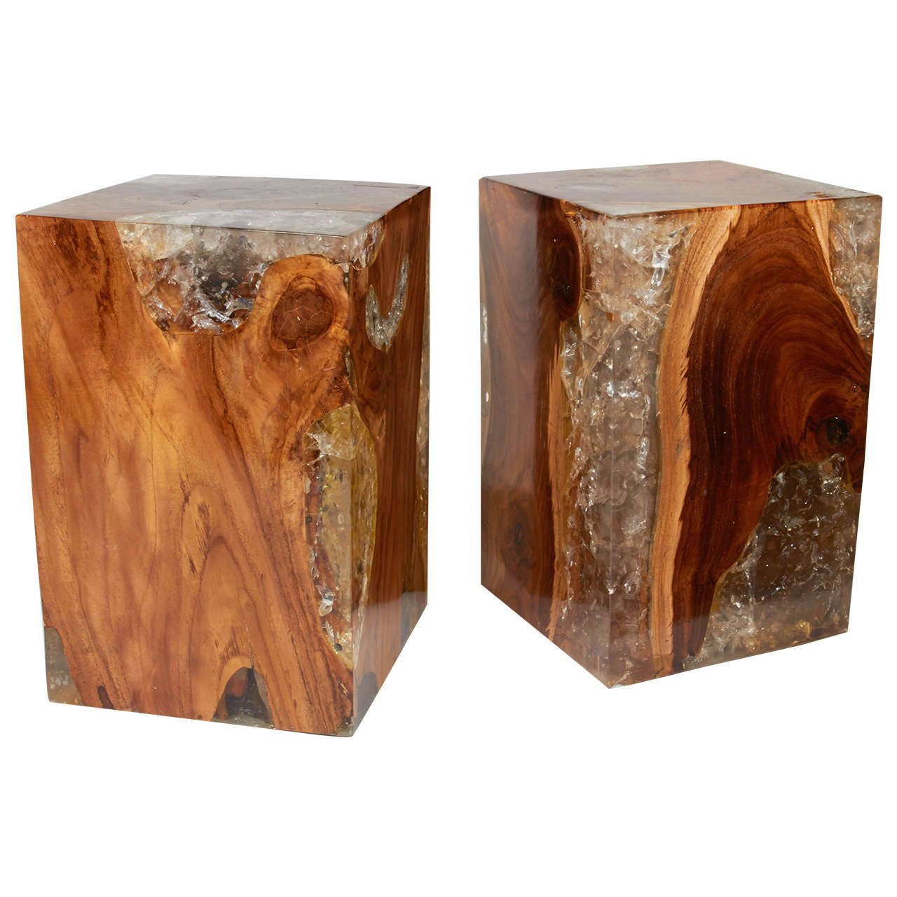 Pair of Modern Organic Teak Wood and Cracked Resin Side Tables