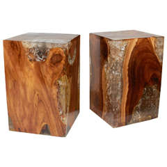 Pair of Modern Organic Teak Wood and Cracked Resin Side Tables