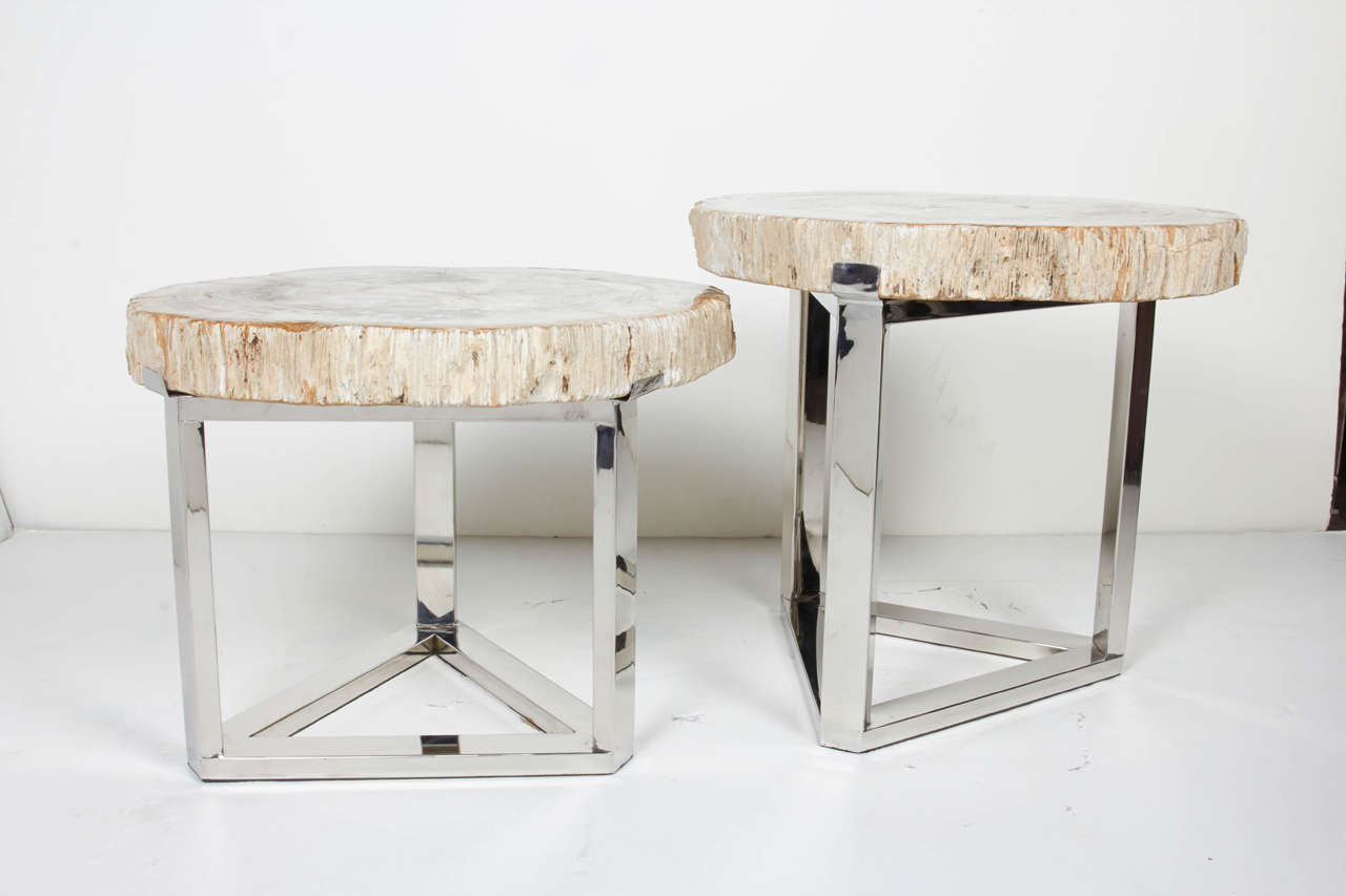 Pair of exquisite side tables comprised of slabs of petrified wood. Naturally fossilized throughout hundreds of years. These rare pieces have been hand cut and feature the highest quality petrified wood with polished tops and natural raw edges. One