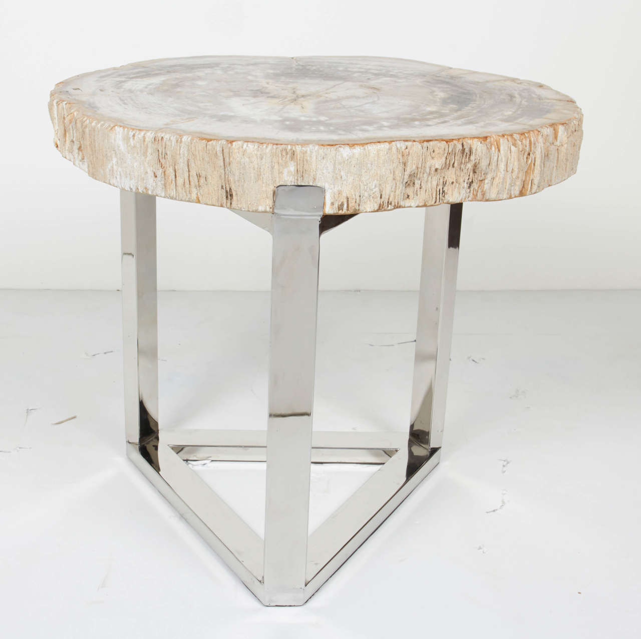 Pair of Petrified Wood Slab Side Tables with Chrome Bases In Excellent Condition In Fort Lauderdale, FL