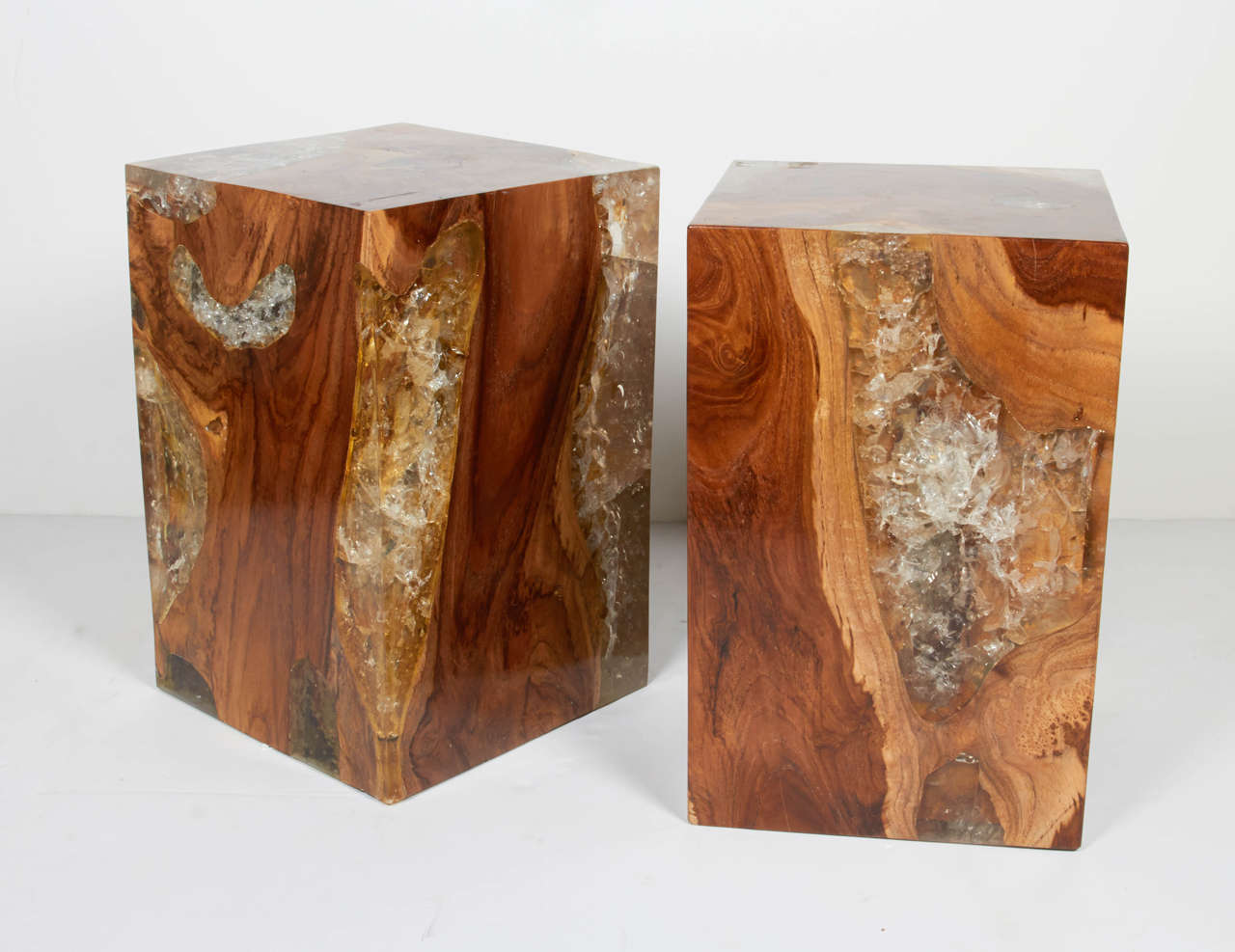 Pair of Modern Organic Teak Wood and Cracked Resin Side Tables at