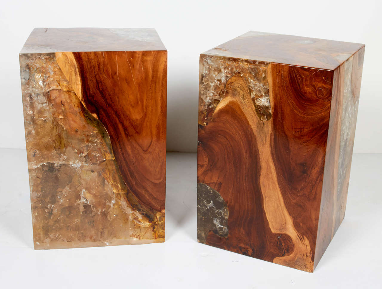 Pair of Modern Organic Teak Wood and Cracked Resin Side Tables at