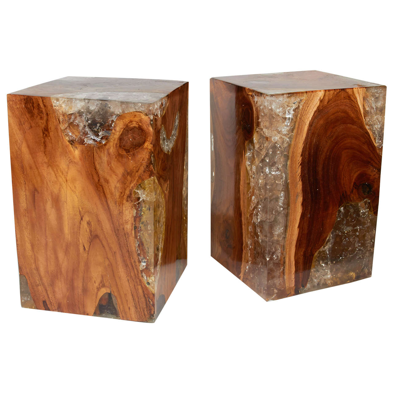 Pair of Modern Organic Teak Wood and Cracked Resin Side Tables at