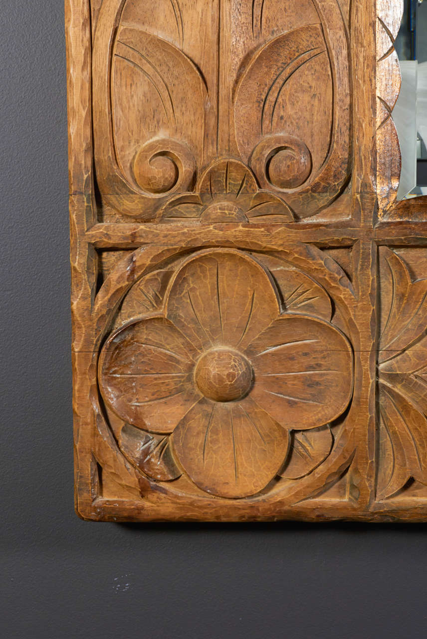 Monumental Vintage Indonesian Lotus Mirror in Hand Carved Teak Wood at