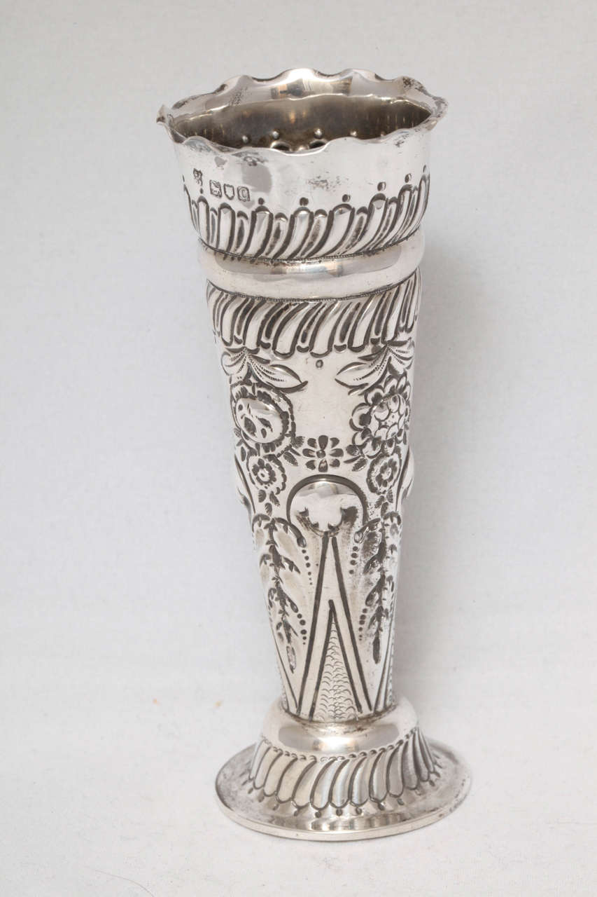 Victorian, sterling silver bud vase, London, 1898, George Maudsley Jackson & David Landsborough Fullerton, makers. Measures: 4 1/2