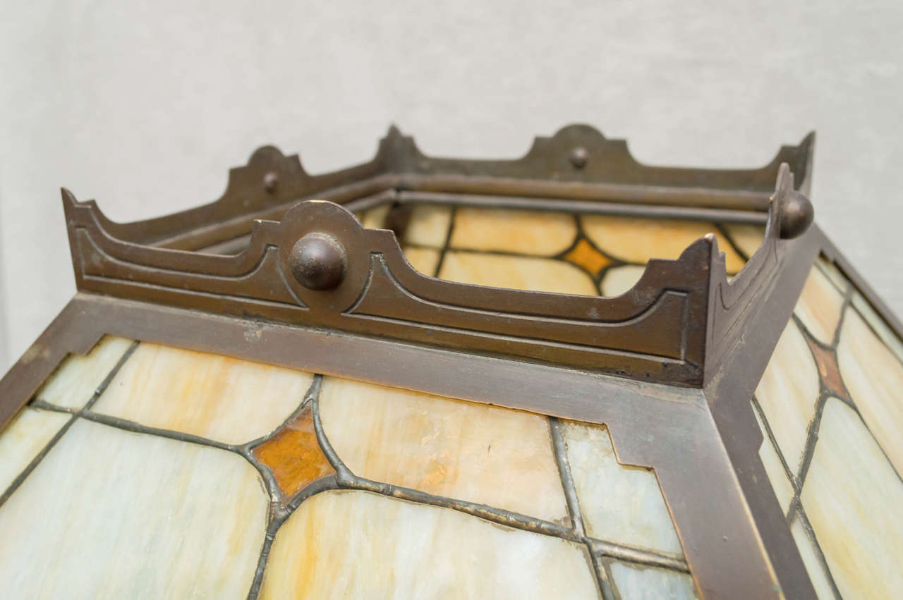Patinated Large Arts & Crafts Leaded Glass Panel Lamp
