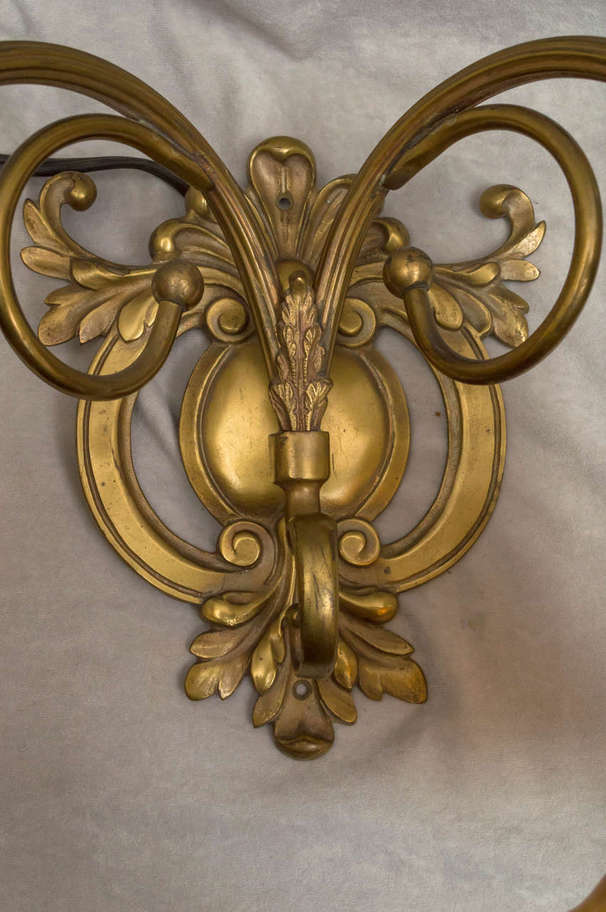 Pair of Art Nouveau Gilt Bronze Sconces with Handblown Period Shades In Excellent Condition In Petaluma, CA