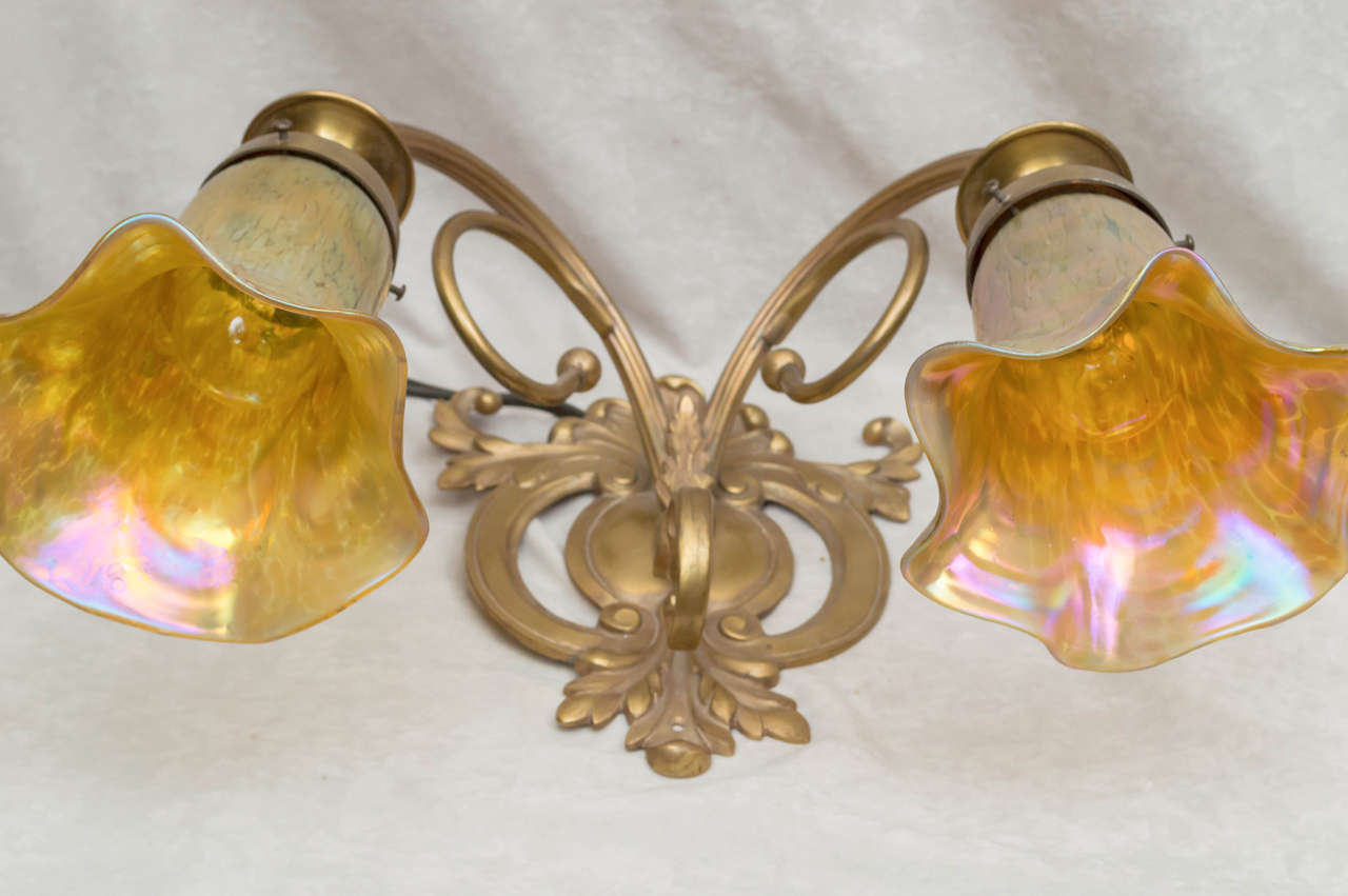 20th Century Pair of Art Nouveau Gilt Bronze Sconces with Handblown Period Shades