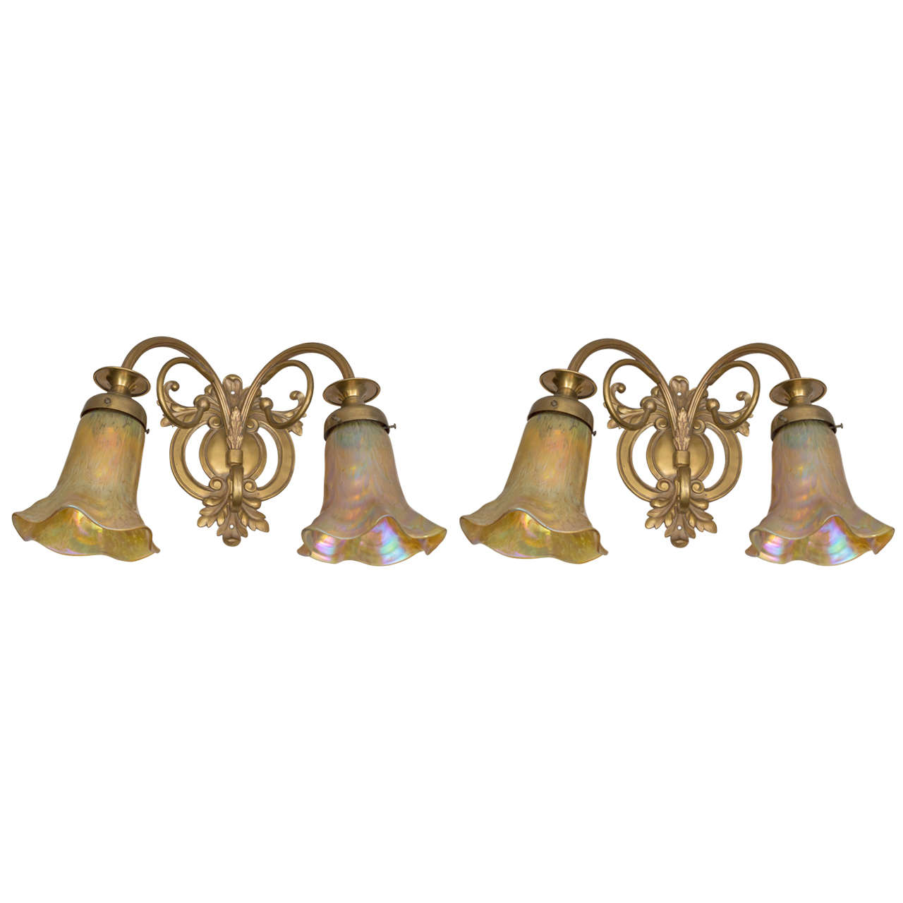 Pair of Art Nouveau Gilt Bronze Sconces with Handblown Period Shades