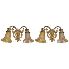 Pair of Art Nouveau Gilt Bronze Sconces with Handblown Period Shades