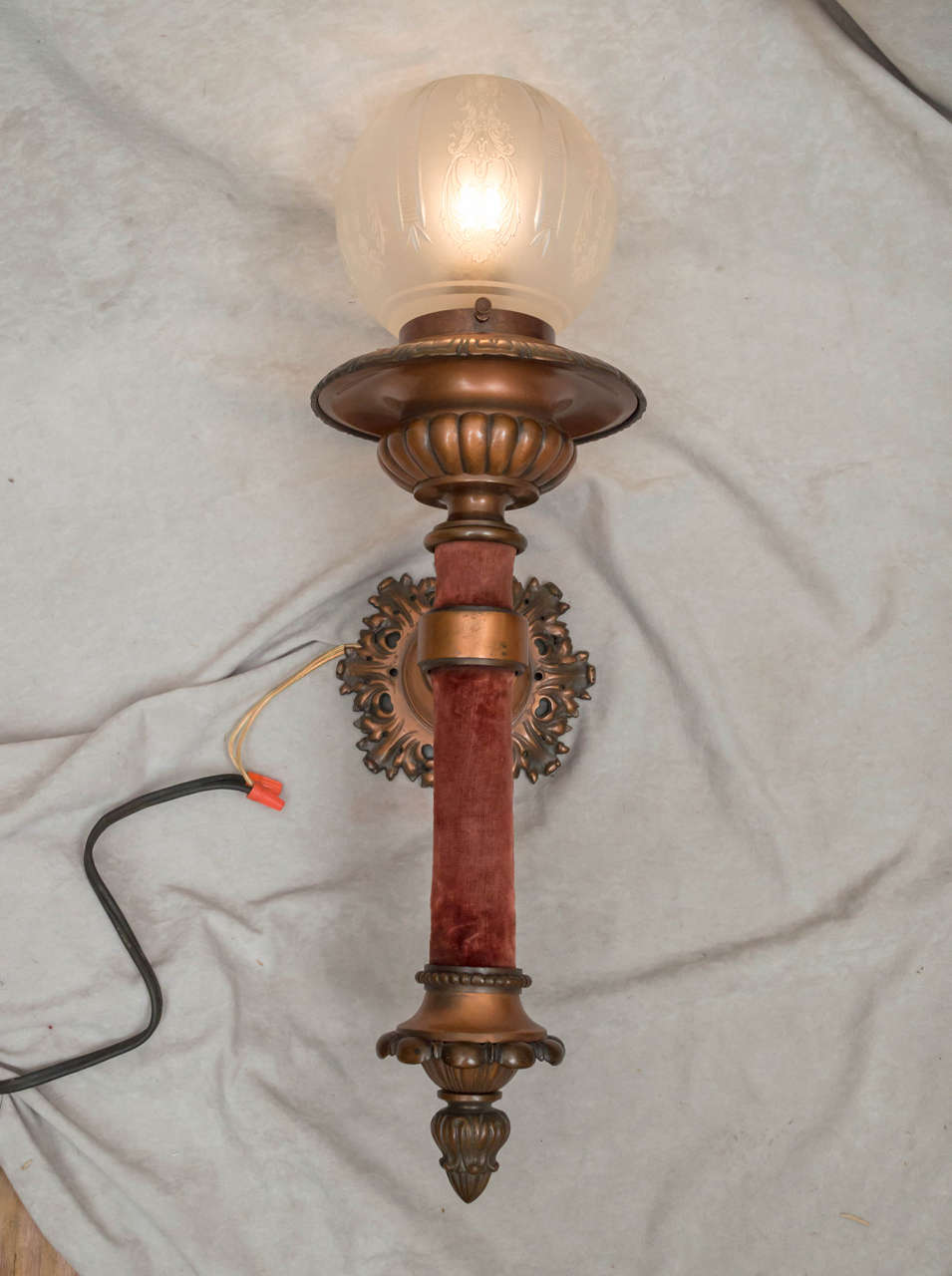 We try not to get carried away in our title description, but please check out these magnificent sconces. They must have come out of some house, or maybe even a hotel. They are copper plated bronze. They have original deep etched and frosted ball