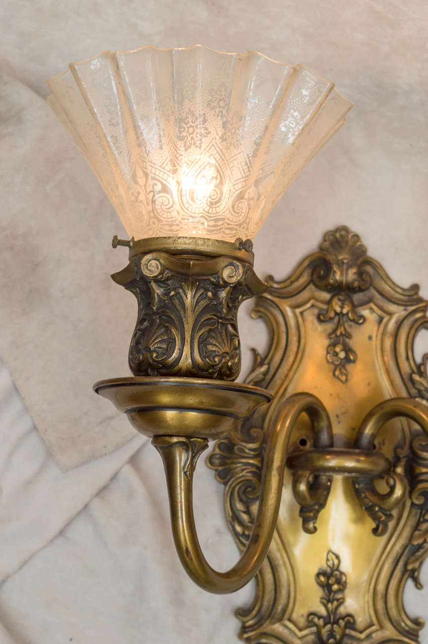 American Pair of Belle Époque Two-Arm Sconces with Original Glass Shades