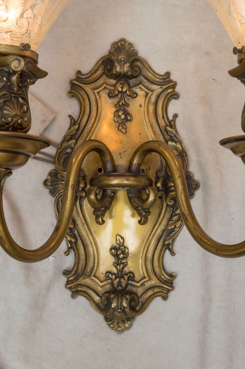 Pair of Belle Époque Two-Arm Sconces with Original Glass Shades In Excellent Condition In Petaluma, CA