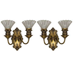 Pair of Belle Époque Two-Arm Sconces with Original Glass Shades