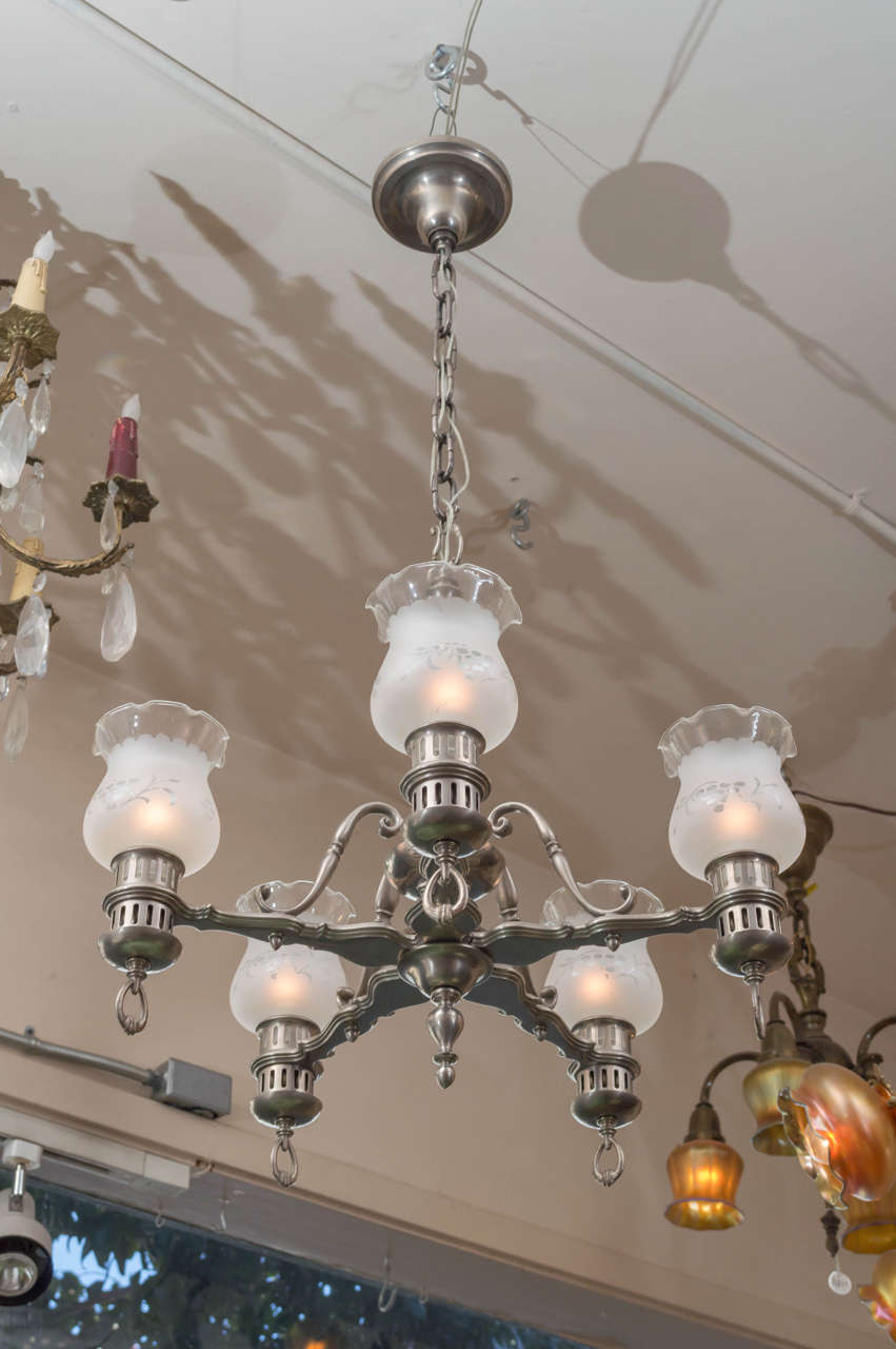 Five-Arm Brushed Nickel Chandelier Colonial Style In Excellent Condition In Petaluma, CA