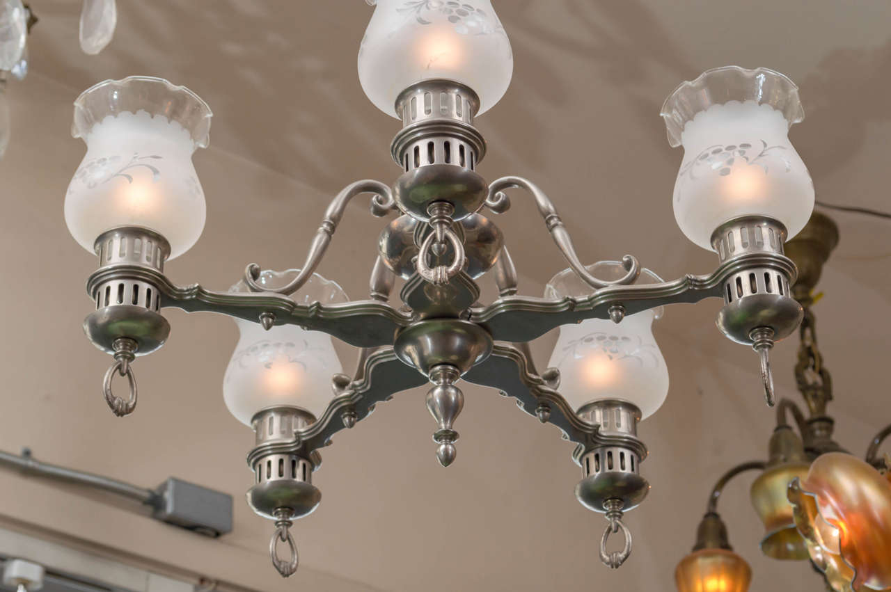 Early 20th Century Five-Arm Brushed Nickel Chandelier Colonial Style