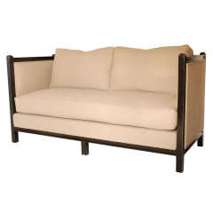 Pair Of Black Framed Sofas With Linen Upholstery W/down Filled