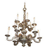 Baroque Style 12 Arm Silver-Plate Metal and Brass Chandelier